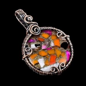 Purple & Orange Spiny Oyster Marbled with Sparkling Copper Wire Wrapped Pendant